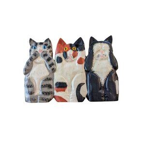 Vintage Wooden Plaque Cats See Hear Speak No Evil Wall Art Folk